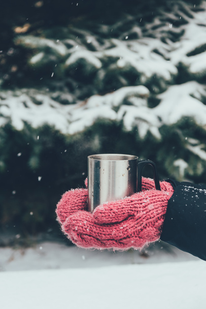 обрізаний знімок жінки, що тримає чашку чаю в руках в зимовий день
 - Фото, зображення