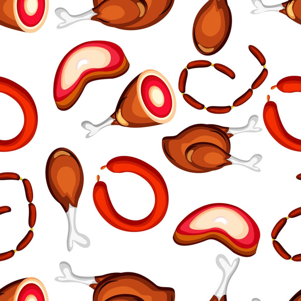 Illustration of Red Meat, Steak and sausages seamless pattern - Vektör, Görsel