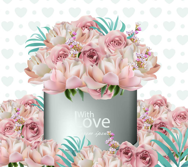 Μπουκέτο με υπέροχο λουλούδια διάνυσμα ρεαλιστική. Floral σύνθεση τριαντάφυλλα, παιώνια και λεβάντα σε ένα κουτί - Διάνυσμα, εικόνα