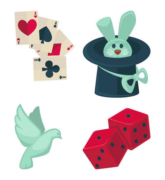 Magic show magician trick equipment icons of rabbit in magic hat, cards and dice or dove. Vector isolated symbols of magic show illusionist performance accessories - Vektör, Görsel
