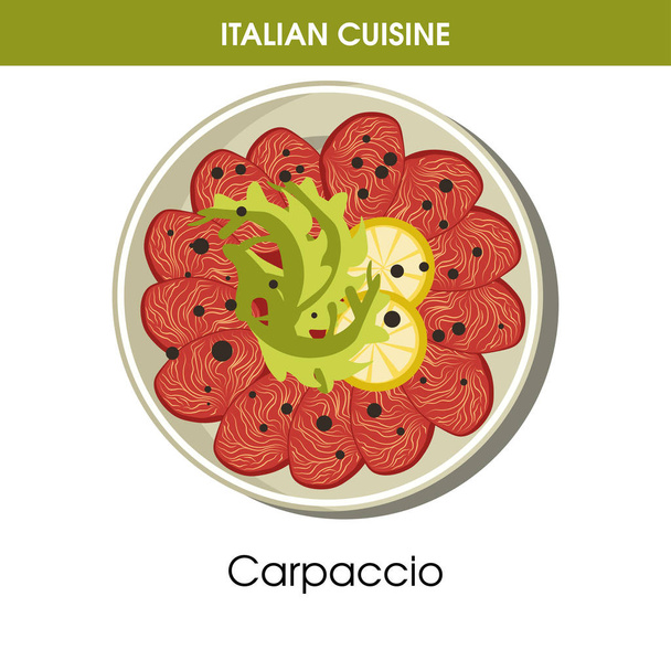 Italian cuisine Carpaccio appetizer traditional dish food icon for restaurant menu or recipe design template. Vector Italy cuisine Carpaccio snack of meat or fish on plate for Italian cafe - Vektor, kép