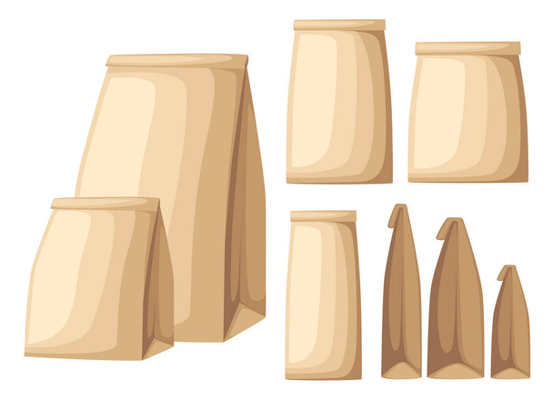 Collection of brown recycled eco paper bag side view and front view flat vector illustration on white background web site page and mobile app design - Vector, Image