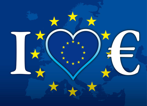 I Love União Europeia e euro moeda, bandeira, coração e símbolos
 - Vetor, Imagem