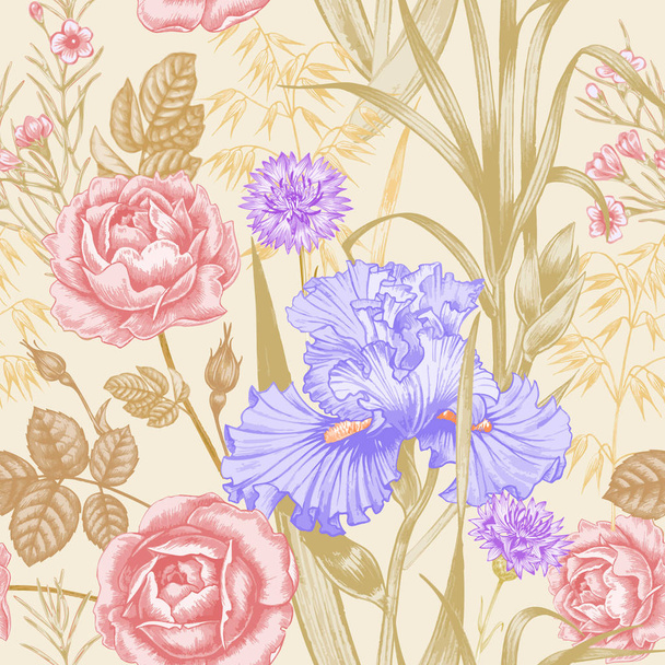 Vector seamless background. Design for fabrics, textiles, paper, wallpaper, web. Irises, rose. Retro. Vintage style. - Vektor, obrázek