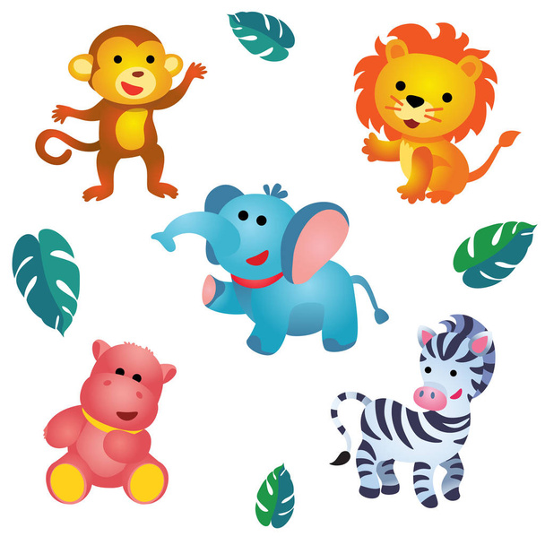 Pět zvířat roztomilý plyšový jungle / roztomilá Plyšová opice, lev, slon, hroch a zebra jsou na bílém pozadí - Vektor, obrázek