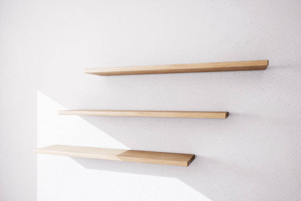 Три дерев'яні полки на білій оштукатуреній стіні. 3D візуалізація
 - Фото, зображення