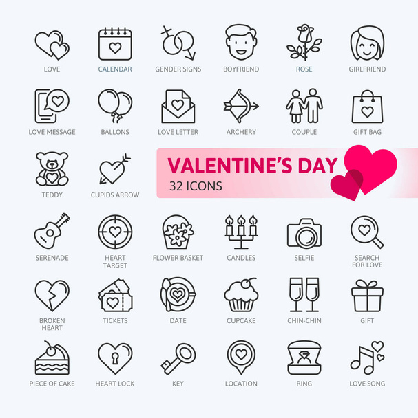 Aftelkalender voor Valentijnsdag romantische elementen - minimale dunne lijn web pictogramserie. Overzicht pictogrammen collectie. Eenvoudige vectorillustratie. - Vector, afbeelding
