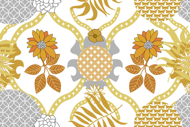 Golden and silver Damask pattern. Seamless vector geometrical print. - Vetor, Imagem
