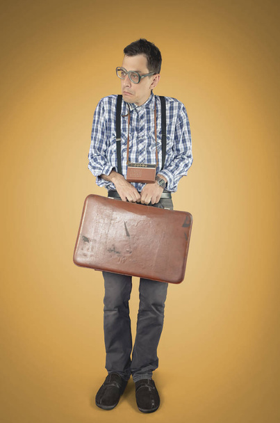 Funny old guy with different accessories on colored background - Photo, Image