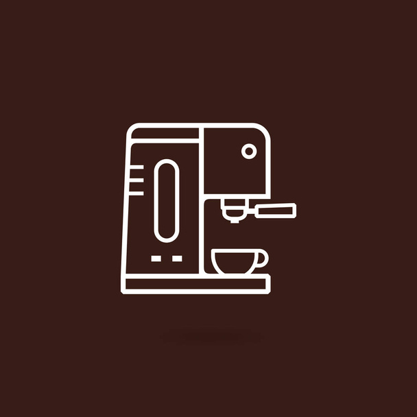 Kávéfőző ikonra. Eszpresszó kávéfőző gép szerkezeti ikon-val barna háttér. Kávégépek vektoros illusztráció. Ikon kávé gép, lapos design vonalstílus kupa - Vektor, kép
