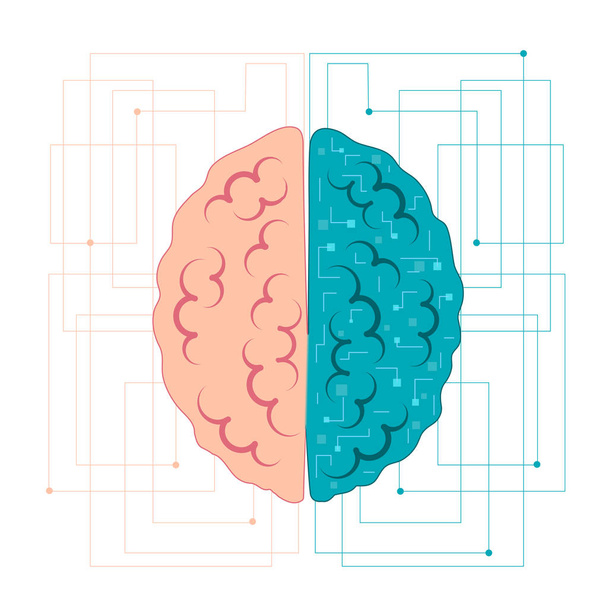 cerebro de inteligencia artificial. Hemisferio izquierdo y derecho con conexiones neuronales
 - Vector, imagen