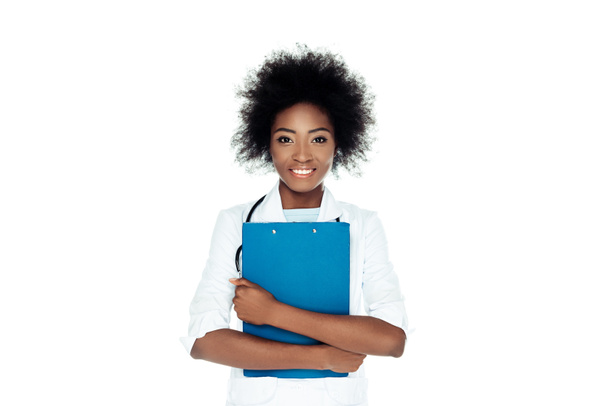attractive female doctor with clipboard isolated on white - Fotoğraf, Görsel
