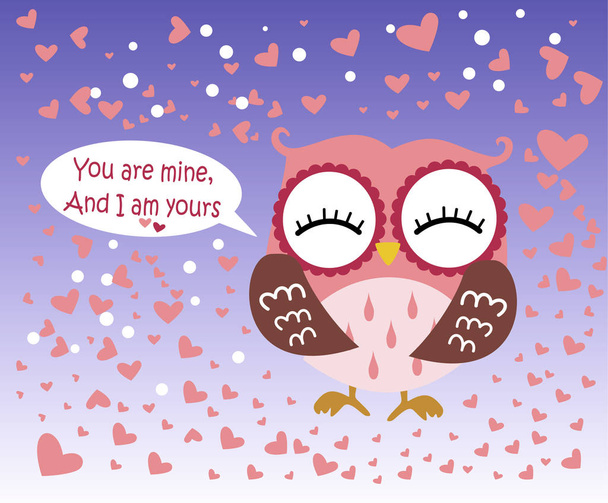 Happy Valentine's Day! Valentine's Day card with cute flat pink owl on gradient blue background. Vector illustration. You are mine, And I am yours. - Vector, Image