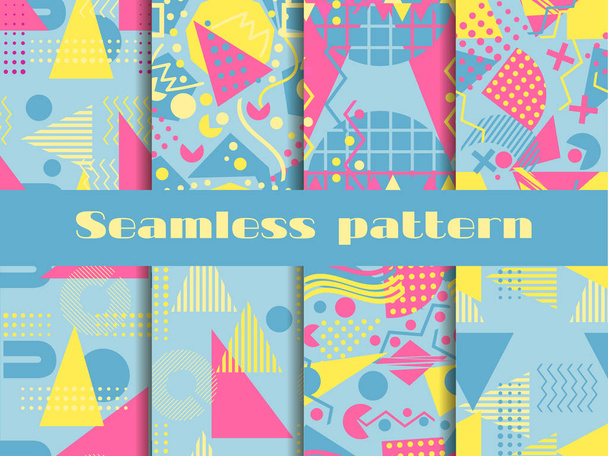 Memphis seamless pattern szett. Geometriai elemek memphis 80-stílusban. Pasztell színek. Vektoros illusztráció - Vektor, kép