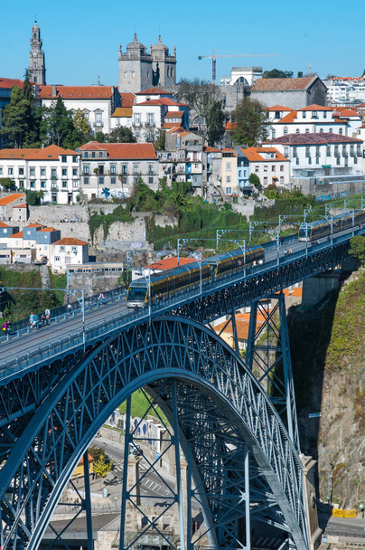 View of metro train on Dom Luis I Bridge and the old Town of Porto, Portugal. - Φωτογραφία, εικόνα