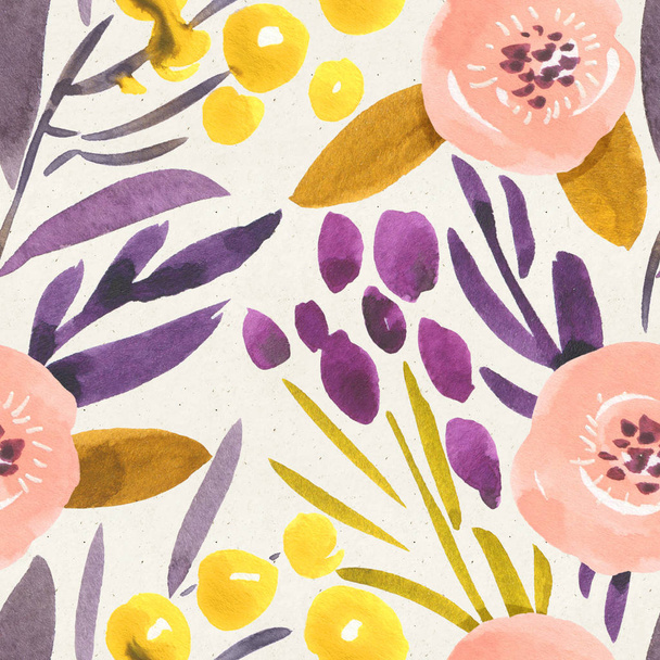 Seamless watercolor floral pattern on paper texture. Botanical background. - Fotografie, Obrázek