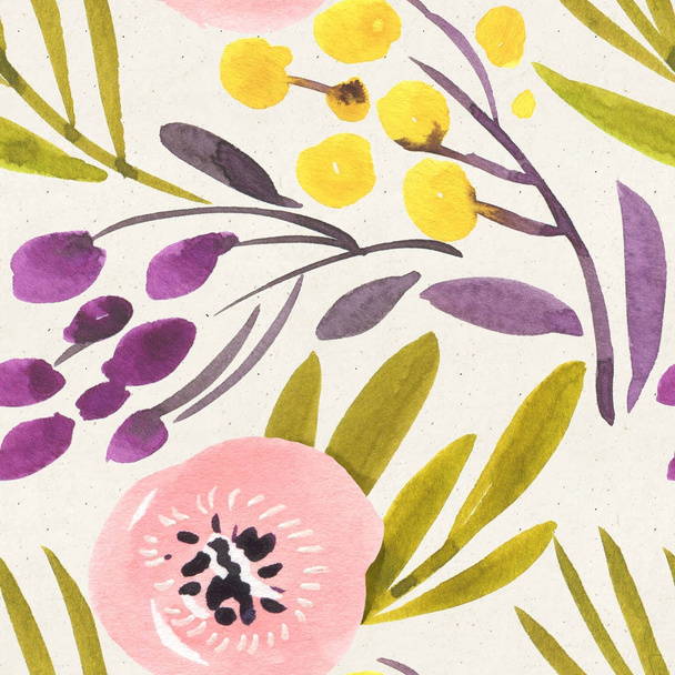 Seamless watercolor floral pattern on paper texture. Botanical background. - Foto, Imagem