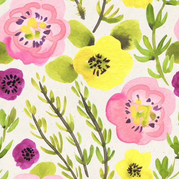 Seamless watercolor floral pattern on paper texture. Botanical background. - Foto, immagini