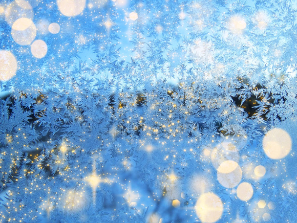 christmas lights background with snow and snowflakes - Photo, Image
