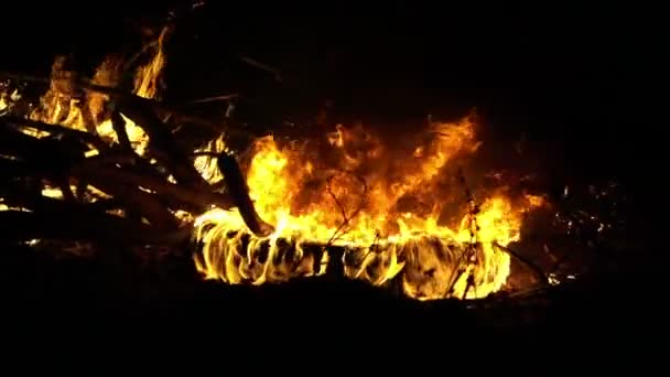 Egy nagy éjszakai tűz egy videóinak lassított. Lángja, a tűz, lassú mozgás, 120 fps.   - Felvétel, videó
