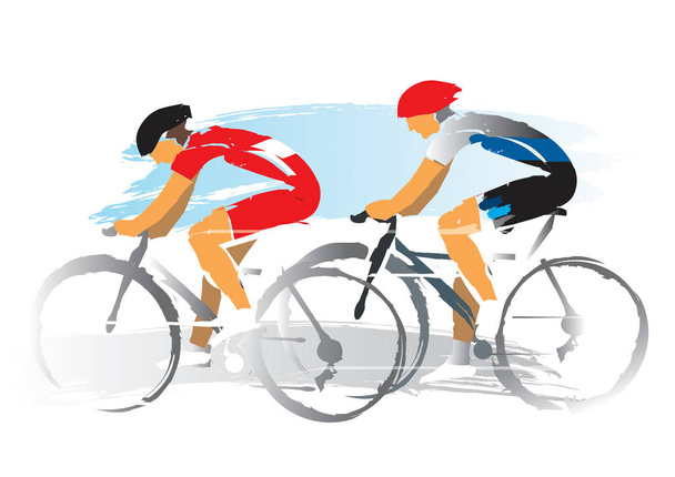 Weg fietsers racers. Expressieve aquarel imiteren illustratie van twee wielrenner. Vector beschikbaar.  - Vector, afbeelding