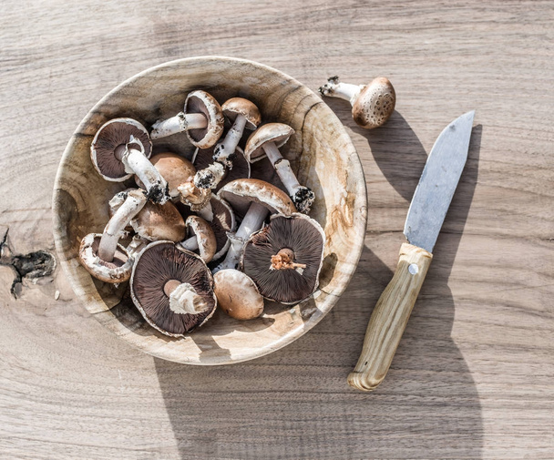 Champignon mushrooms in the bowl on the wooden table. - Φωτογραφία, εικόνα
