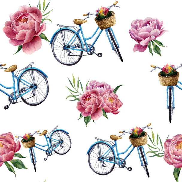 Watercolor floral and bicycle seamless pattern on white background. Illustration for design, textile, print and background. - Photo, Image