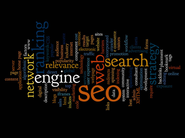 Conceito ou conceitual de search engine optimization, seo nuvem de palavra abstrata em fundo preto - Vetor, Imagem