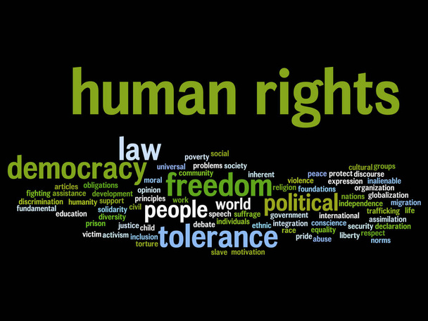 Έννοια ή εννοιολογική ανθρωπίνων δικαιωμάτων πολιτική σύννεφο λέξη ελευθερία ή η Δημοκρατία σε σε μαύρο φόντο - Διάνυσμα, εικόνα