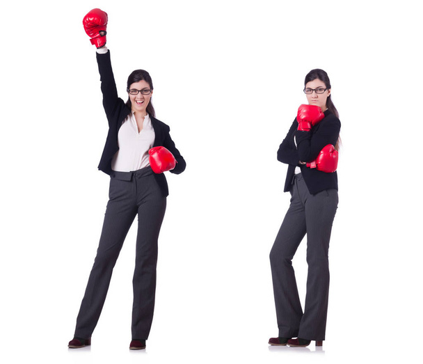 Young boxing businesswoman isolated on white - 写真・画像