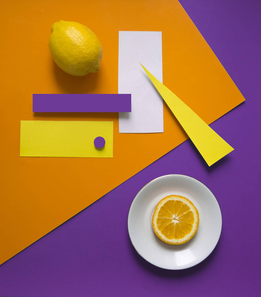 lemon orange on a bright background purple yellow orange triangle circle rectangle geometry  - Fotoğraf, Görsel