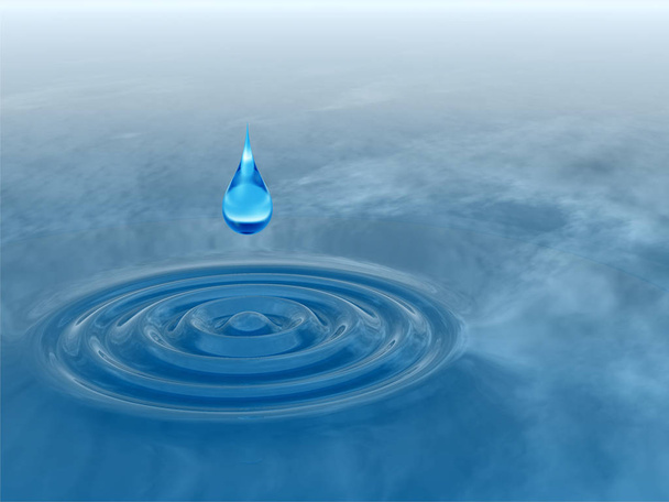 Conceptual blue liquid drop falling in water with ripples and waves background - Photo, Image