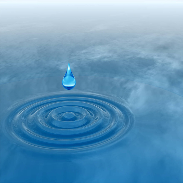 Baisse conceptuelle de liquide bleu tombant dans l'eau avec des ondulations et des vagues arrière-plan
 - Photo, image