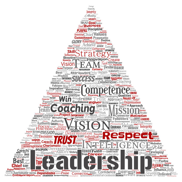 Estratégia de liderança empresarial conceitual, valor de gerenciamento triângulo seta nuvem de palavras fundo isolado. Colagem de sucesso, realização, responsabilidade, autoridade ou competência de inteligência
 - Foto, Imagem