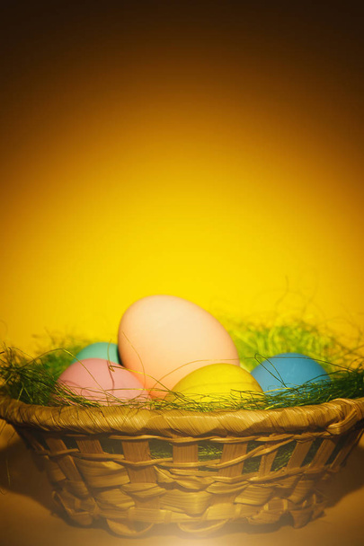 Colorido pastel monofônico tradicional pintado ovos de Páscoa em cesta com grama verde no fundo amarelo escuro com sombras pretas, silhueta, luz. Espaço de cópia para propaganda. Com lugar para texto
 - Foto, Imagem