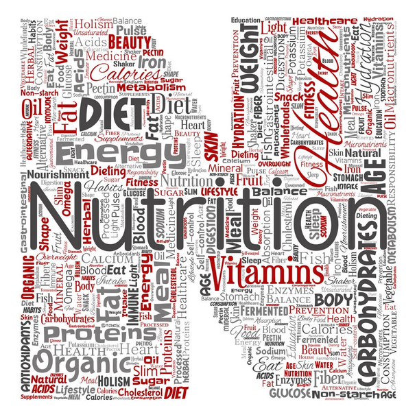 Conceptuele voeding gezondheid dieet brief lettertype N-woord cloud geïsoleerde achtergrond. Collage van koolhydraten, vitaminen, vet, gewichtsverlies, energie, antioxidanten schoonheid mineraal, eiwit geneeskunde concept - Foto, afbeelding