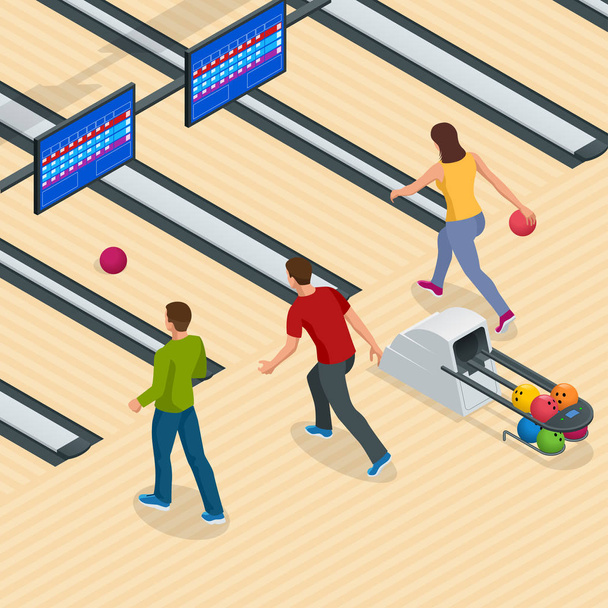 Isometric Bowling Center Interior with Game Equipment. Vector Bowling Alley for Game and Party. - Vektor, kép
