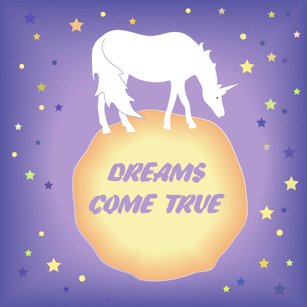 Night sky with stars and unicorn staying on a little planet. Vector background with magic animal, constellations, stars, and moon. Dreams Come True Text - Vector, Image