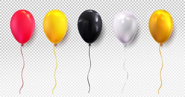 Κόκκινο, κίτρινο, μαύρο, λευκό και γυαλιστερό χρυσό μπαλόνι. Γυαλιστερό ρεαλιστική μπαλόνι για πάρτι γενεθλίων. Για το σχεδιασμό και τις επιχειρήσεις. Εικονογράφηση διάνυσμα. Απομονωμένα σε διαφανές φόντο - Διάνυσμα, εικόνα