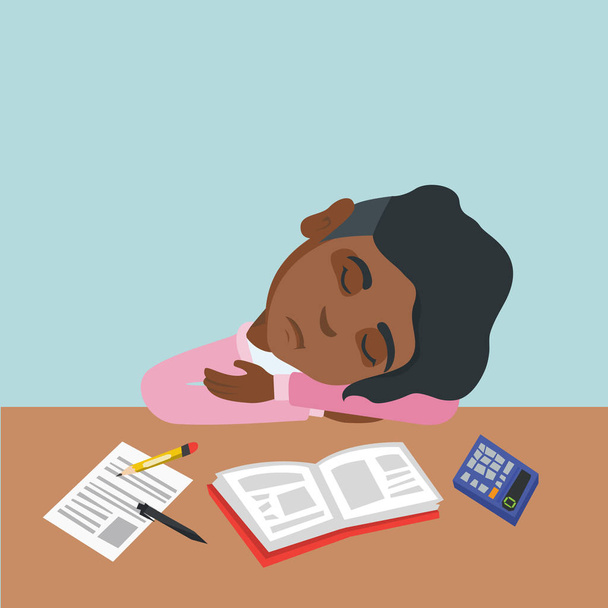 Joven estudiante africano durmiendo en el escritorio
. - Vector, Imagen