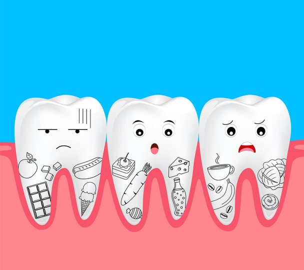 Cute cartoon tooth character with food. Hand draw style. Dental problem concept. Illustration isolated on blue background. - Vector, Image