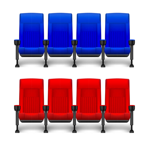 Σετ καρέκλες άνετα ταινία ρεαλιστική για κινηματογράφο. Κενών θέσεων κόκκινο και μπλε κινηματογράφος. Εικονογράφηση διάνυσμα - Διάνυσμα, εικόνα