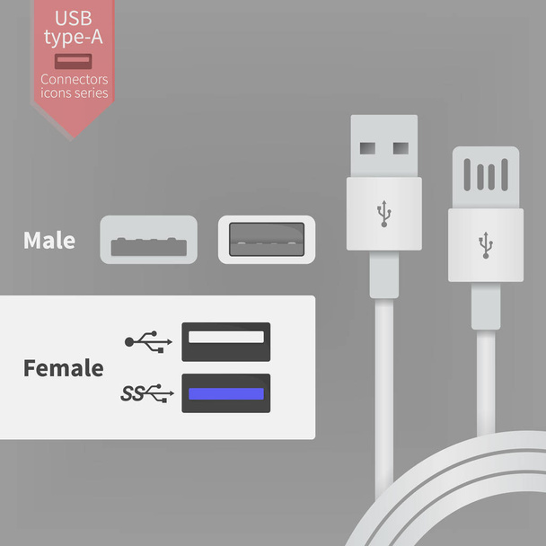 USB socket outlet and white connectors wires. Vector illustration in flat style - Vector, Image
