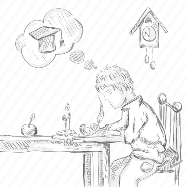Skica teen chlapec píše perem dělá se svíčkou - Vektor, obrázek