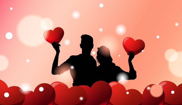Silhouette Couple Over Valentines Day Greeting Card Background With Red Hearts - Wektor, obraz