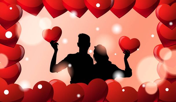 Black Silhouette Couple Embracing Over Valentines Day Background In Red Hearts Frame - Vecteur, image
