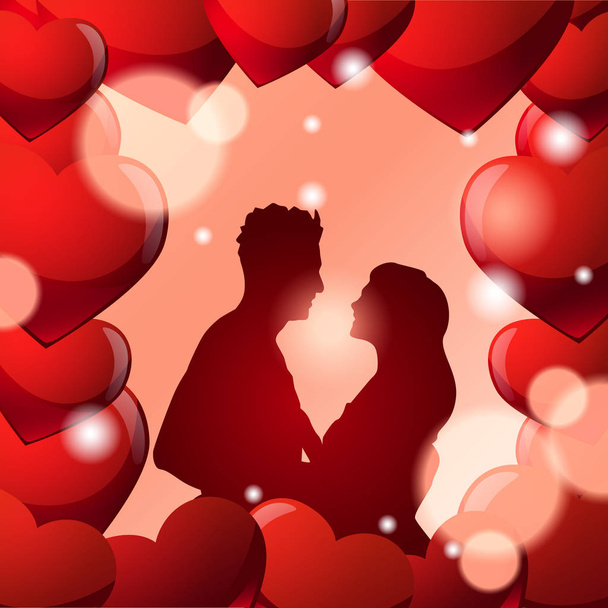 Couple Embracing Over Beautiful Valentine Day Background With Hearts Silhouette Man And Woman In Love - Vektor, obrázek