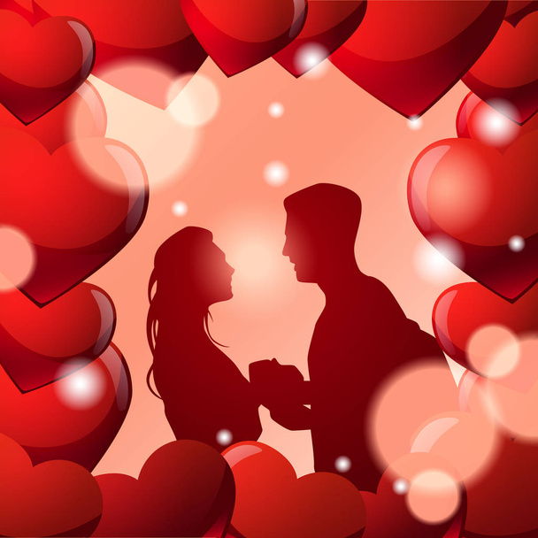 Σιλουέτα ζευγάρι κρατώντας τα χέρια στο πλαίσιο της καρδιάς σχήματα πάνω από το λαμπερό κόκκινο φόντο - Διάνυσμα, εικόνα