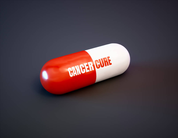 Il cancro cura il concetto di droga. Pillola rossa con testo su sfondo nero
 - Foto, immagini