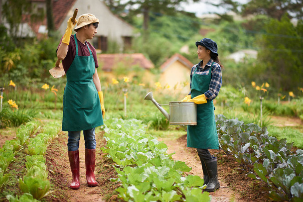 若いアジアの労働者からの短い休憩を取っている間ゴム長靴とエプロンを着て疲れる家庭菜園での作業 - 写真・画像